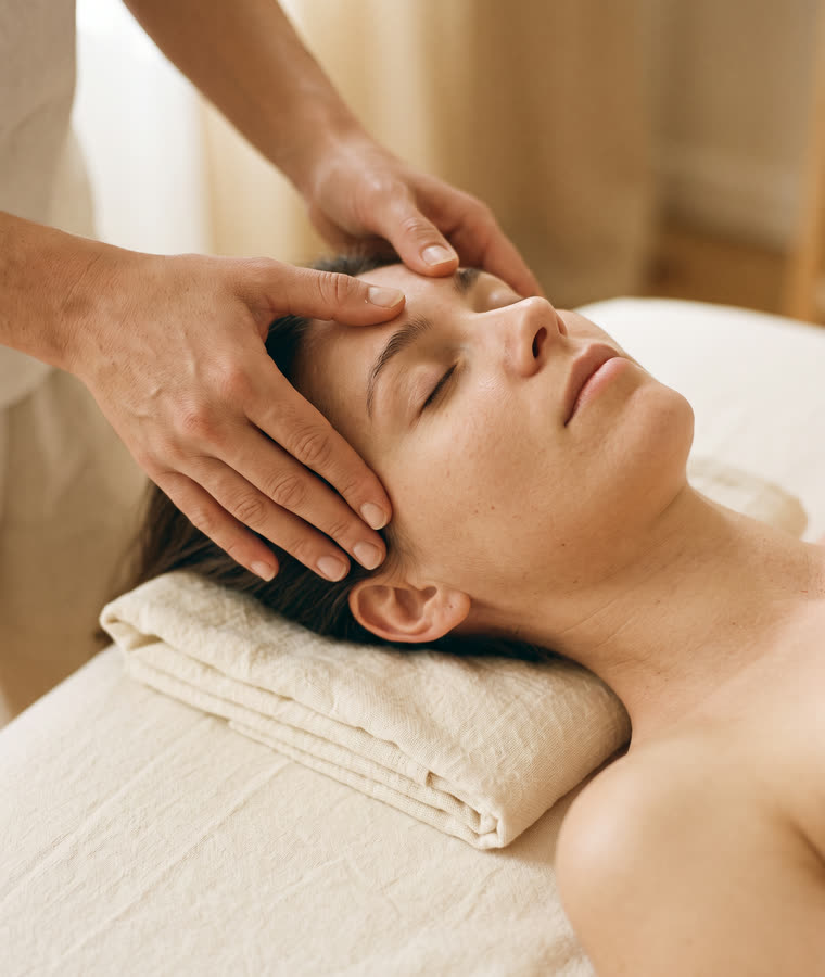 A therapist working with the marma points on the forehead and temples of a woman lying down